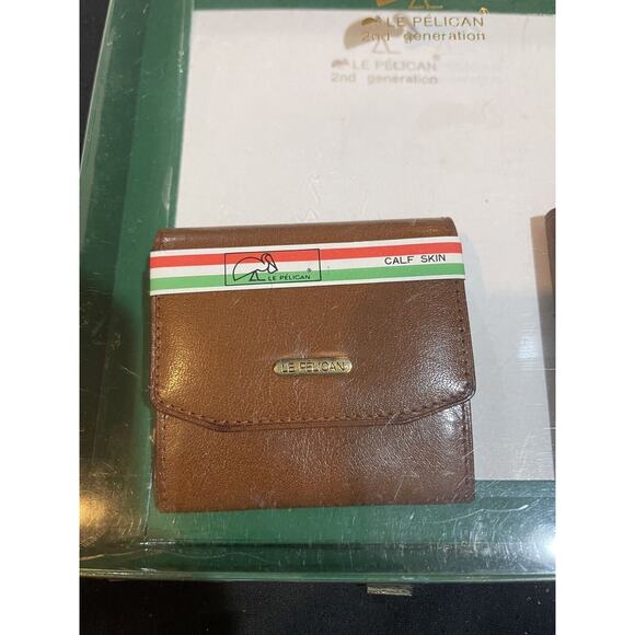 Le Pelican Calf Skin Genuine leather Brown coin wallet card 2 units vintage NEW - Picture 3 of 8
